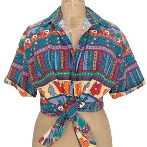 Vintage Kitschy AOP Tropical Fish Floral Flowers Button Up Shirt Top Bechamel